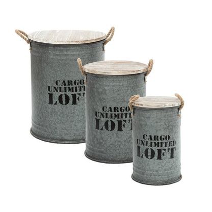  Coffres Bidons Gris Loft - Lot De 3 - Atmosphera