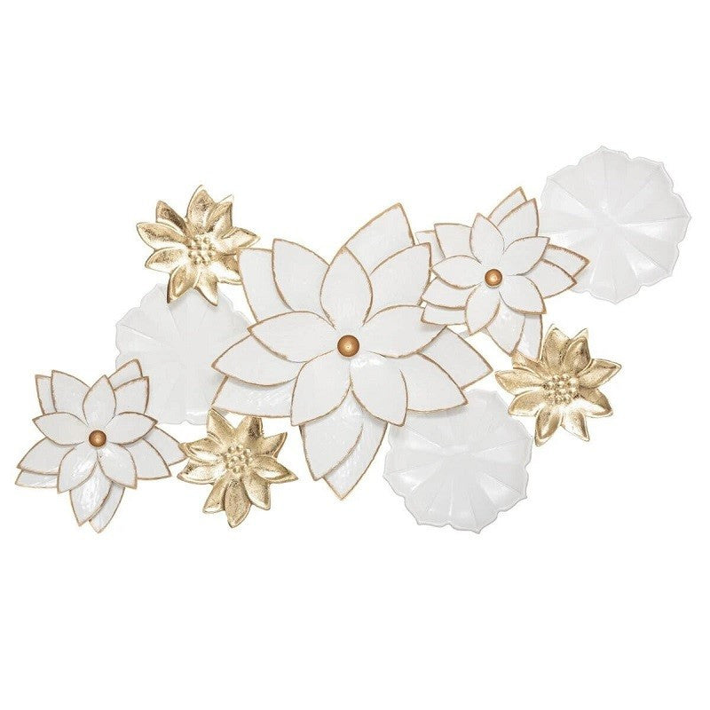  Déco Murale Métal Fleurs Folk Blanc Et Doré 80x42 Atmosphera