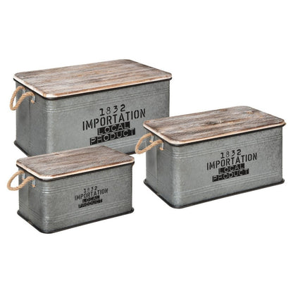  Lot De 3 Malles Métal Gris Plateau Bois Atmosphera
