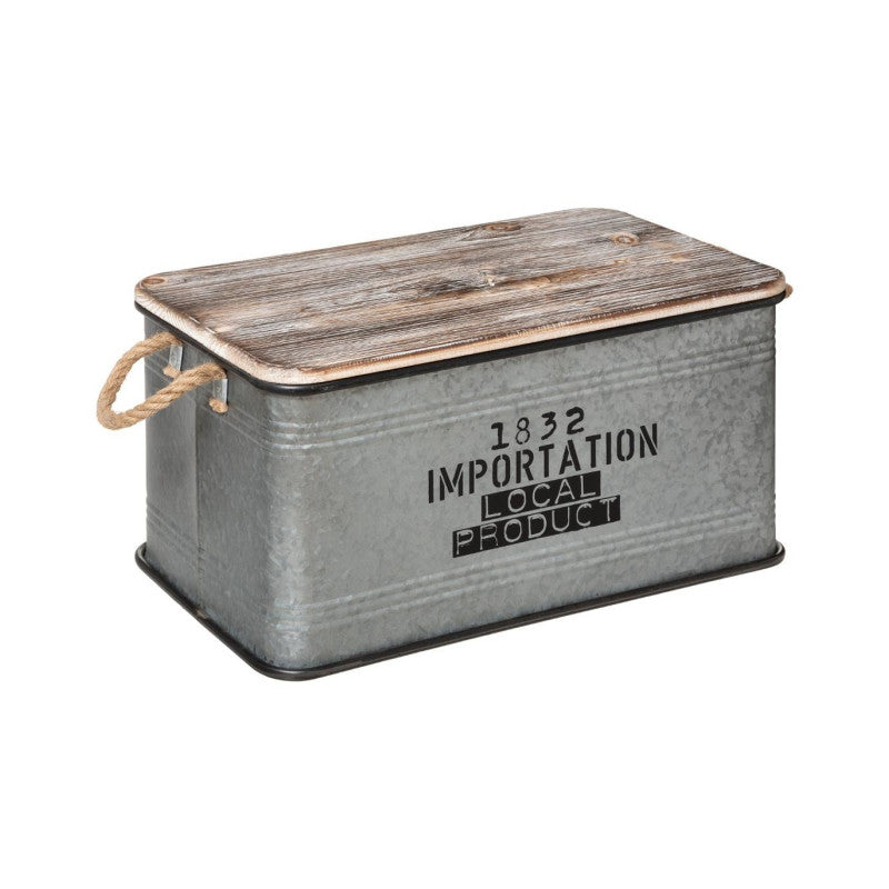  Lot De 3 Malles Métal Gris Plateau Bois Atmosphera