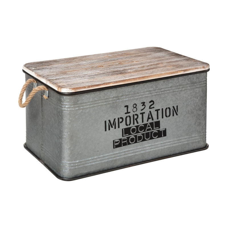  Lot De 3 Malles Métal Gris Plateau Bois Atmosphera