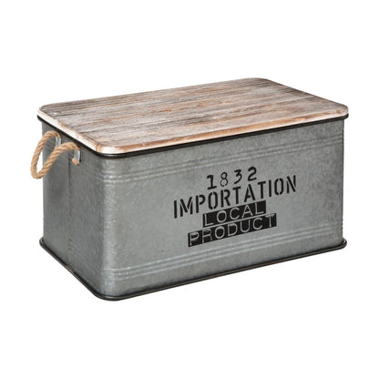  Lot De 3 Malles Métal Gris Plateau Bois Atmosphera
