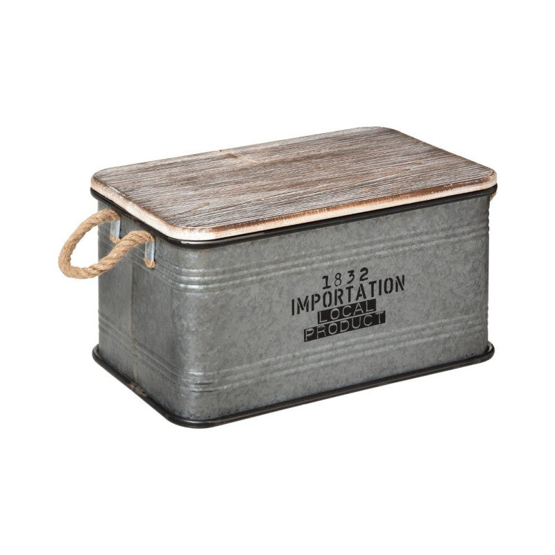  Lot De 3 Malles Métal Gris Plateau Bois Atmosphera