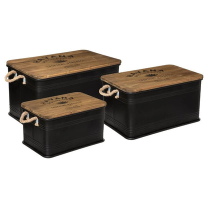  Lot De 3 Malles Métal Noir Plateau Bois Atmosphera
