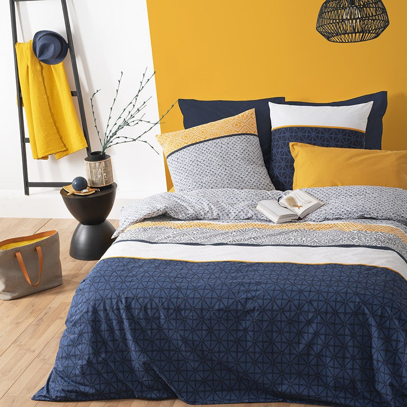  Parure De Lit Rayures Bleu/blanc/moutarde 240x220 Atmosphera