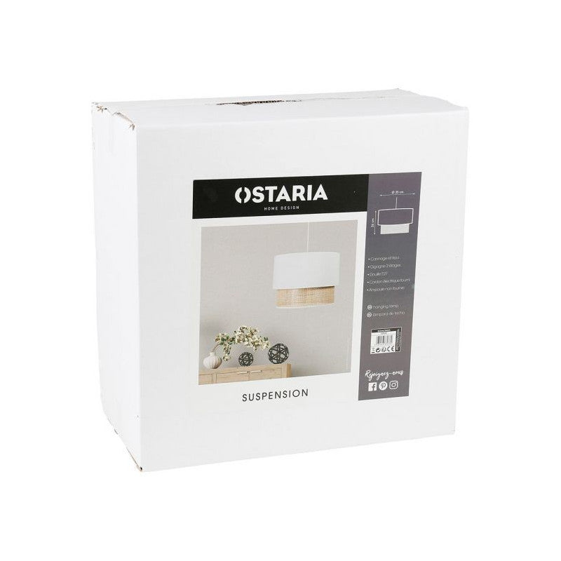  Suspension 2 Abat-jours Cannage Et Tissu Blanc Ostaria